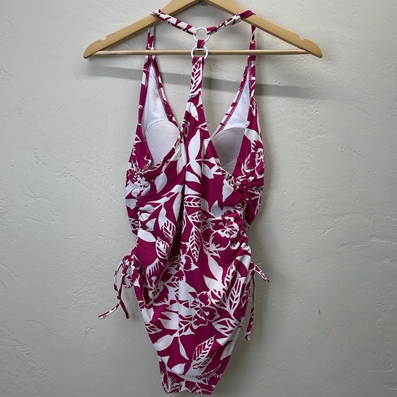 Kona Sol Pink & White Tropical Leaf Print One Piece T-Back Adjustable Swimsuit M - Picture 2 of 9